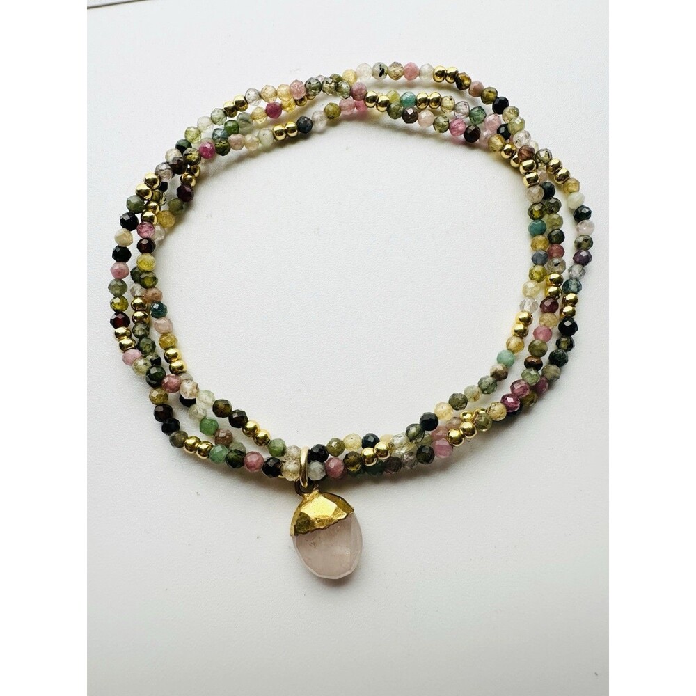 Watermelon Tourmaline Bead Rose Quartz Stretch Bracelet 7.25”
